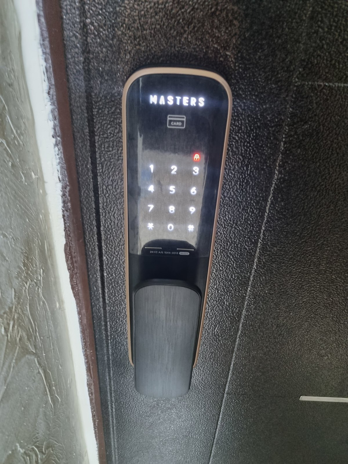 오정구 신흥동 출장 — 오돌토돌한 짙은 문에 단 푸시풀 도어락, 흰 숫자 불과 빨간 자물쇠 불, 구리빛 테